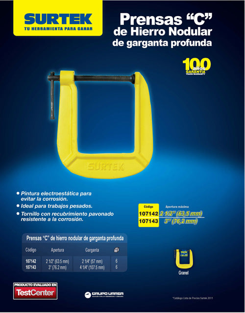 Prensa tipo "C" de 3" hierro nodular, garganta profunda Surtek