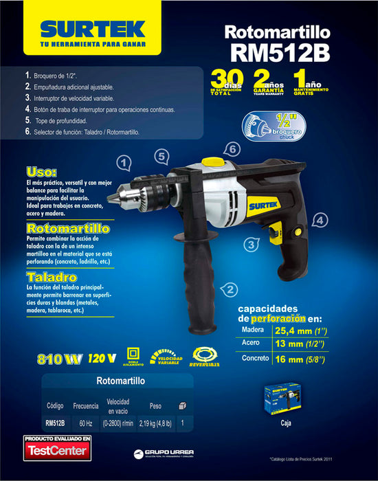 Rotomartillo 1/2" 810 W 120 V, 0 - 2,800 RPM con botón de traba para trabajos continuos Surtek