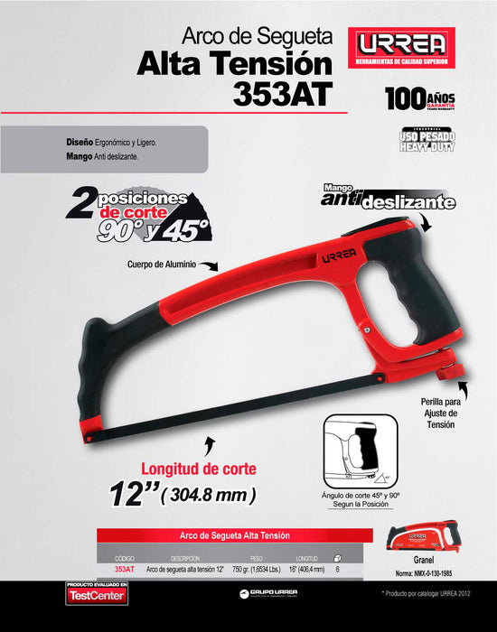 Arco de segueta de alta tensión ergonómico con mango bimaterial 12", 16" Urrea