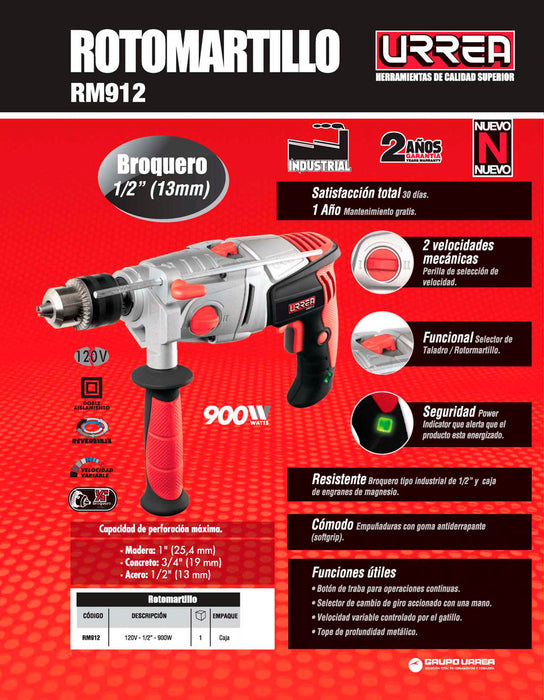 Rotomartillo 1/2" 900 W 120 V, 2 velocidades 1080 y 3000 RPM Urrea