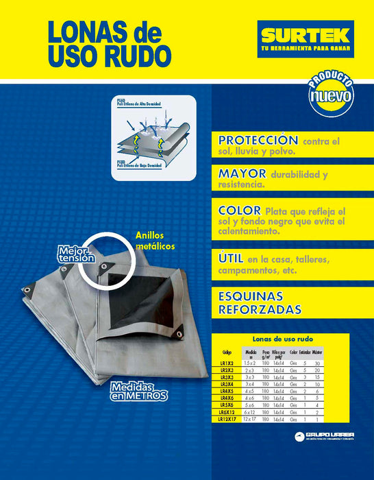 Lona de polietileno reforzada color gris, 3 x 4 m Surtek