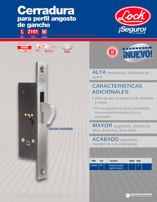 Cerrojo para embutir de gancho, níquel satinado, llave tetra, en caja Lock
