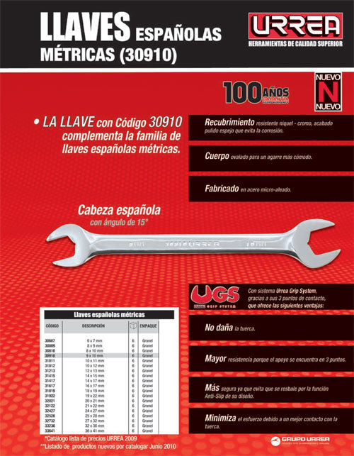 Llave española pulido espejo métrica, 9 x 10 mm Urrea