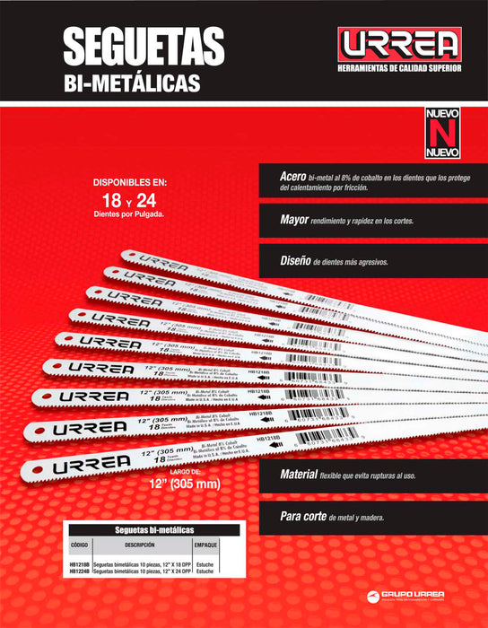 Segueta bimetálica de 12", 18 DPP, 10 piezas Urrea