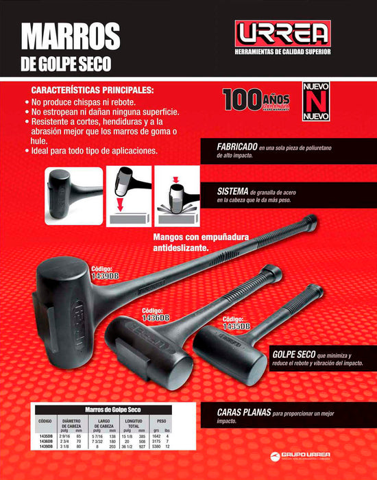 Marro de golpe seco de una sola pieza con mango antideslizante de 36-1/2", 12 lb Urrea