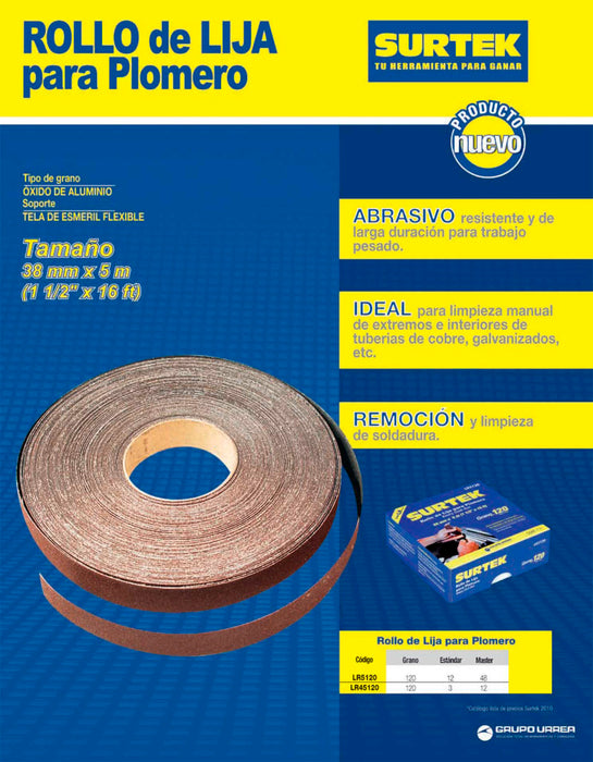 Lija en rollo para plomero 1-1/2 x 5 m, grano 120 Surtek