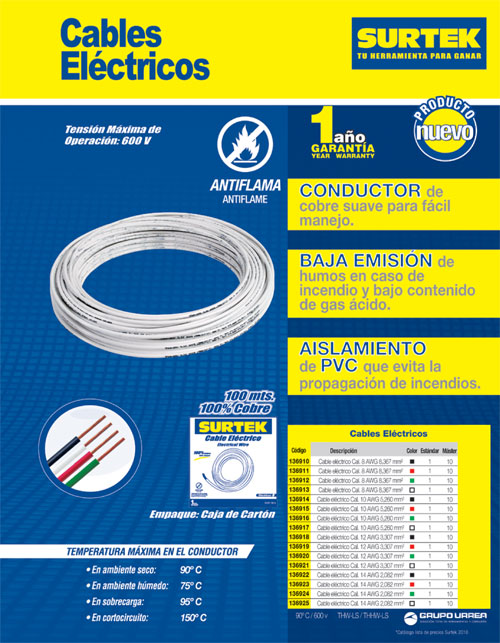 Cable eléctrico THW calibre 8, 100 m color blanco Surtek