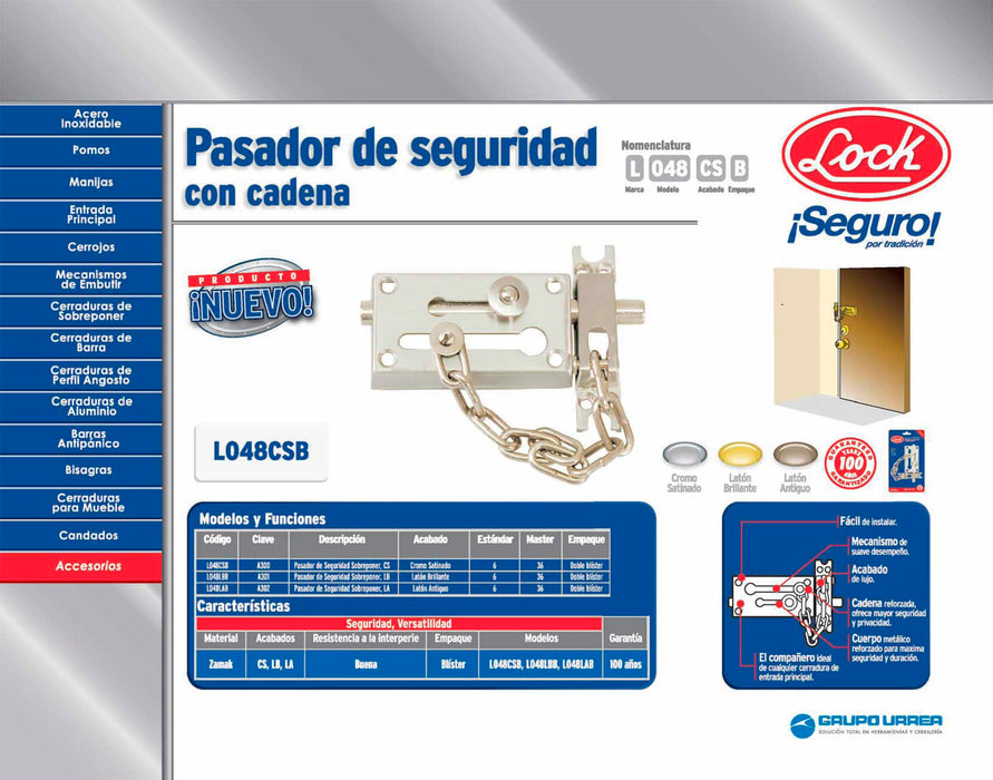 Pasador de sobreponer de cadena níquel satinado Lock