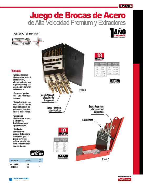 Juego de brocas premium y machuelos de acero de alta velocidad, 18 piezas en caja metálica Urrea