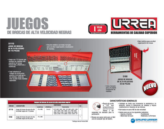 Juego de brocas negras de acero de alta velocidad zanco recto, 115 piezas Urrea