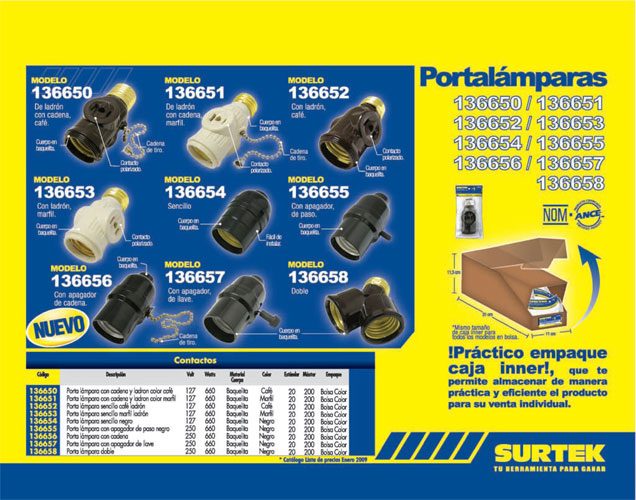 Portalámpara con apagador de paso, color negro Surtek