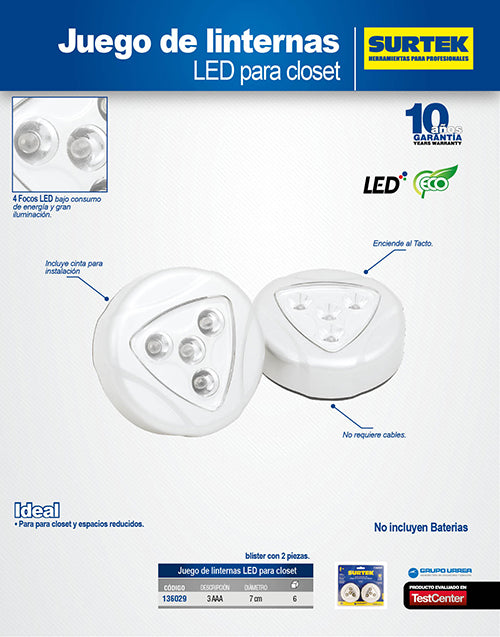 Lámpara de LED para clóset 3 pilas "AAA" de 30 lm, 2 piezas Surtek
