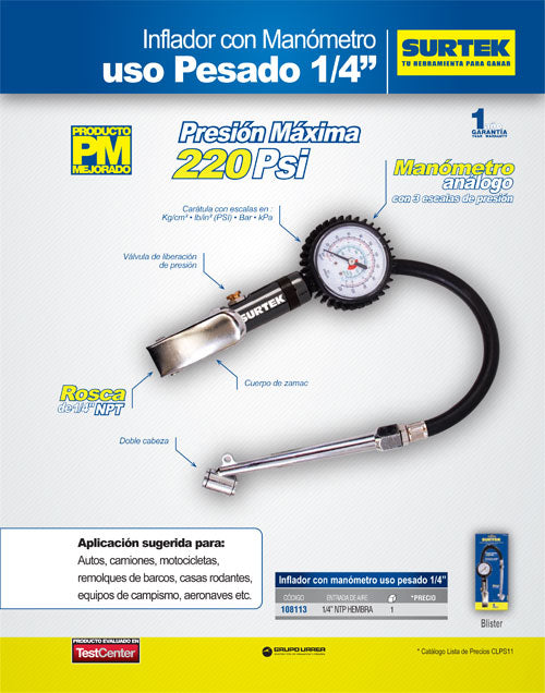 Inflador con manómetro 1/4" NPT Surtek