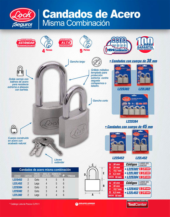 Juego de candados de acero cortos 38 mm, llave estándar, 2 piezas Lock