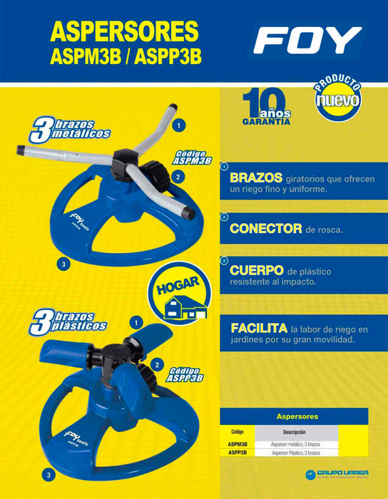 Aspersor estacionario con base metálica de 3 brazos, 3/4" GHT Foy