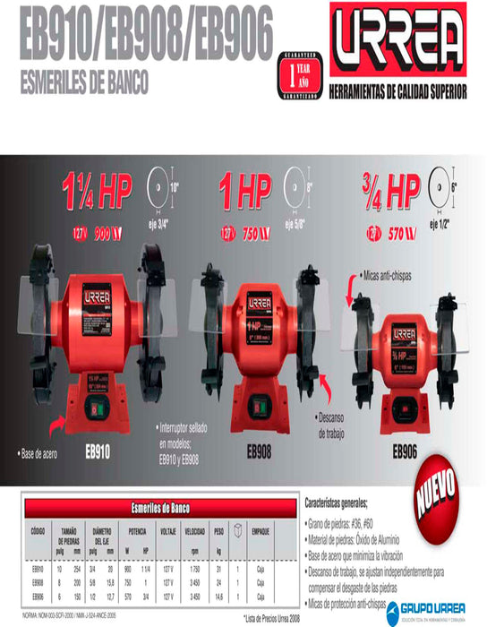 Esmeril de banco 10" 1 1/4 HP 900 W 127 V, 1750 RPM Urrea