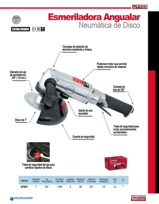 Esmeriladora neumática angular para discos con diámetro de 7" 7,000RPM Urrea