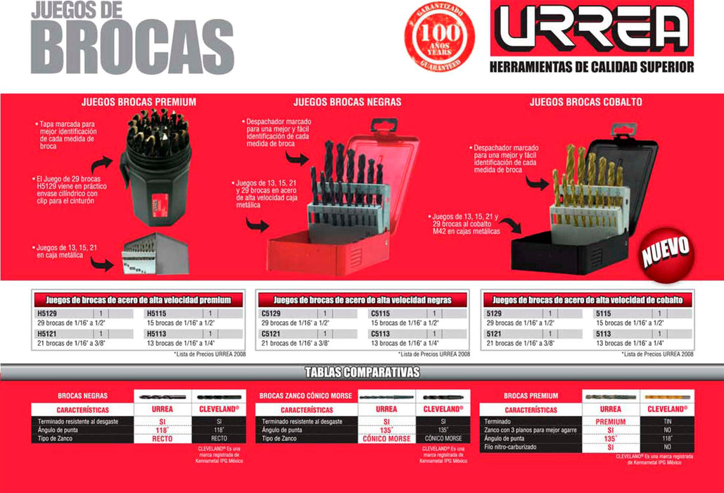 Juego de brocas premium de acero de alta velocidad zanco 3 planos, 21 piezas Urrea