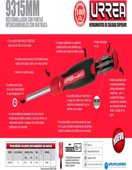 Destornillador con mango tipo revólver de matraca con puntas intercambiables 15 en 1 Urrea