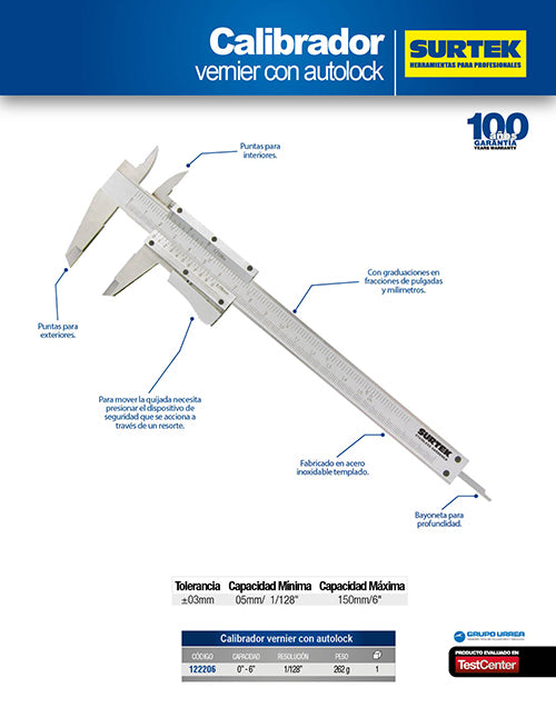 Calibrador en pulgadas y milímetros vernier autolock 0 - 6" Surtek