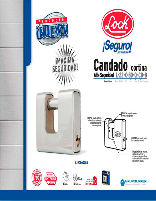 Candado de acero para cortina metálica 80 mm, niquel satinado, llave de puntos Lock