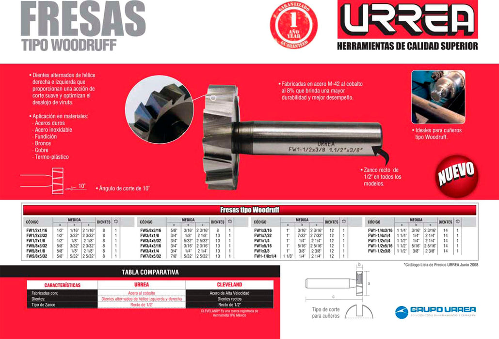 Fresa tipo woodruff de acero 1/2" x 1/16" Urrea