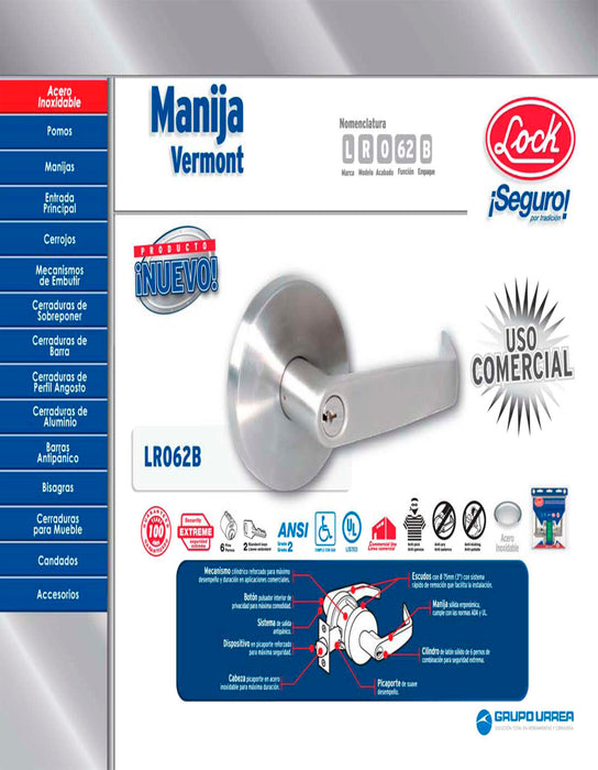 Manija cilíndrica plana función entrada, acero inoxidable, llave estándar, blíster Lock