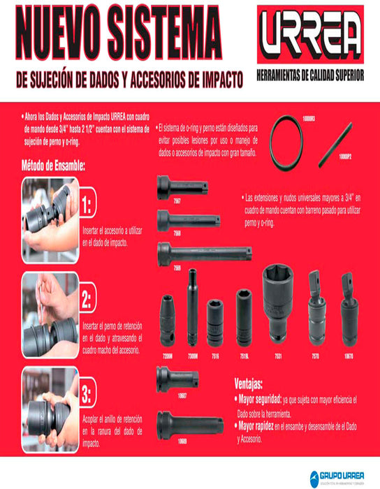 Perno para dado de impacto cuadro de 3/4", 1-3/8" Urrea