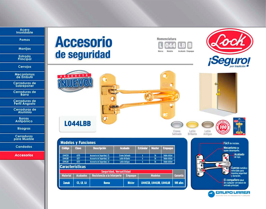 Pasador de seguridad para puerta abatible acabado latón brillante Lock