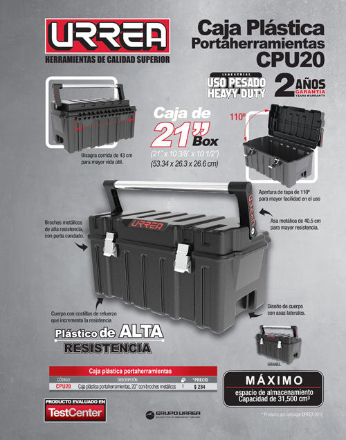 Caja portaherramientas plástica con broches metálicos color negro 21" x 11" x 10" Urrea