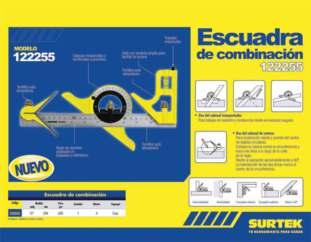 Escuadra de 7 combinaciones con 3 cabezas maquinadas 12" Surtek