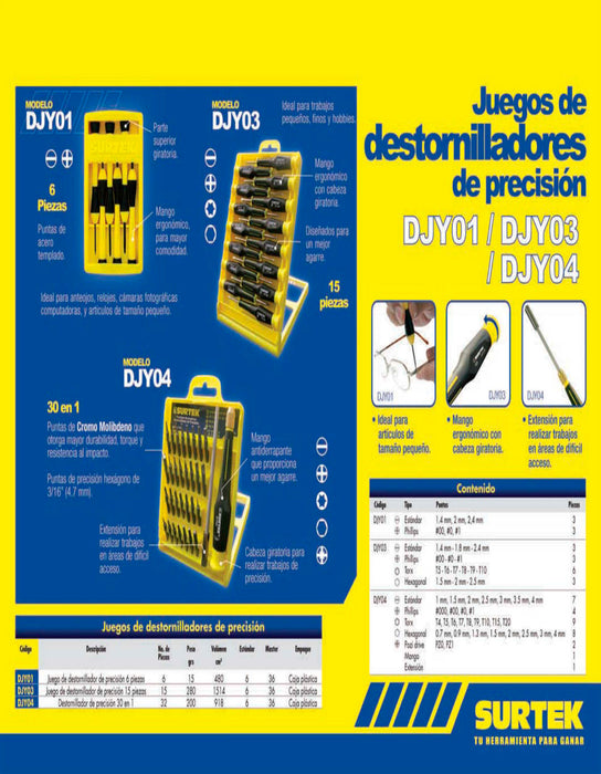 Juego de destornillador de precisión con puntas combinadas, 32 piezas en caja plástica Surtek