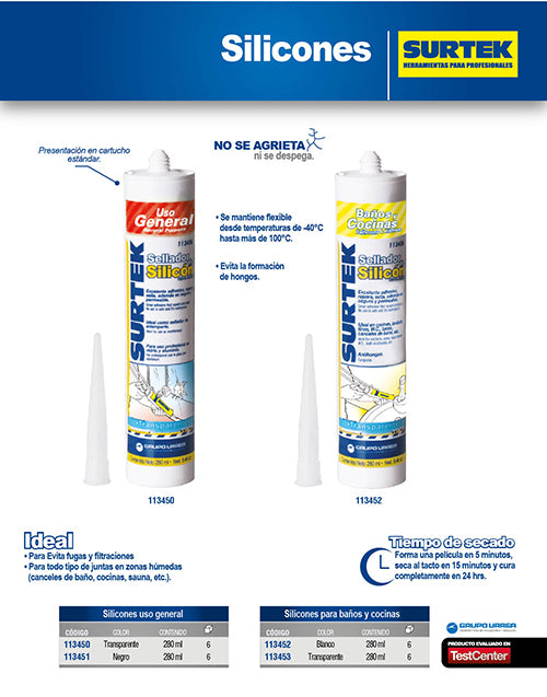 Silicón para baño y cocina color blanco, 280 ml Surtek