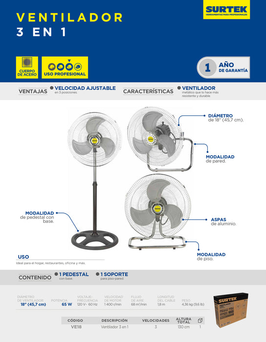 Ventilador 3 en 1, 3 velocidades, 18" Surtek