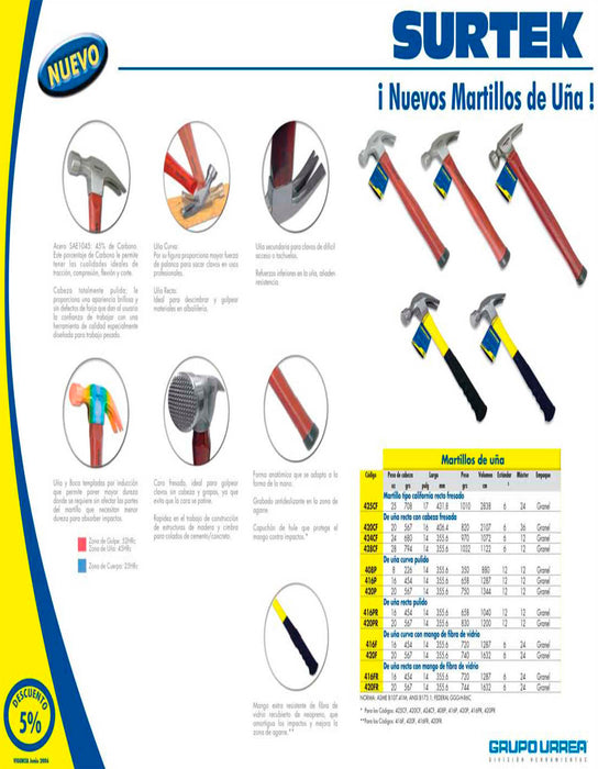 Martillo de uña recta con cabeza fresada con mango de madera de 16", 24 oz Surtek