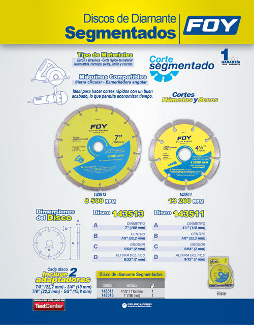 Disco de diamante segmentado, 7" Foy