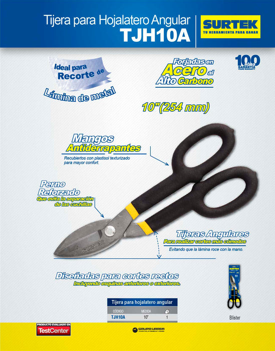 Tijeras para hojalatero con mango rubber grip, angulada 10" Surtek