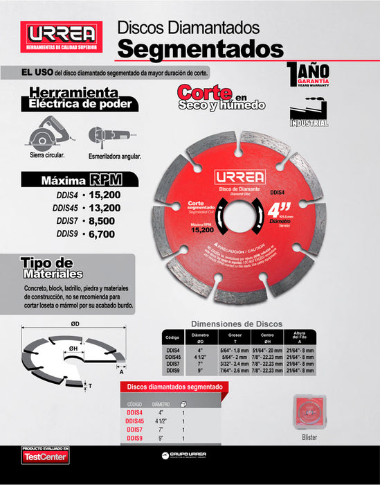 Disco de diamante segmentado, 4" Urrea