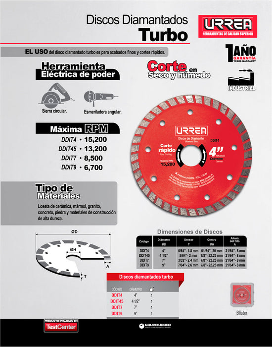 Disco de diamante turbo, 9" Urrea
