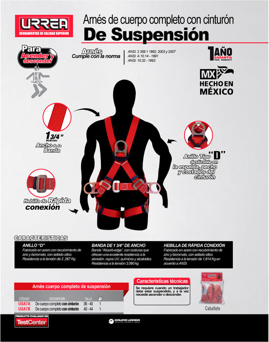 Arnés de seguridad de suspensión con cinturón, talla 36-40 Urrea