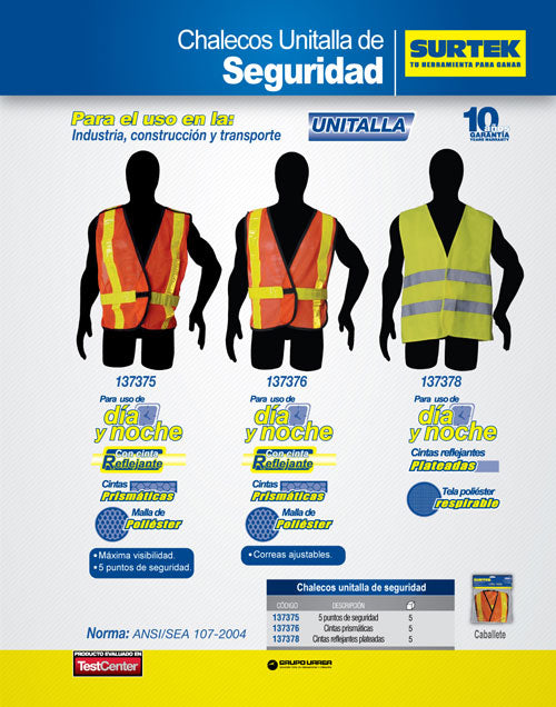 Chaleco de seguridad con cintas reflejantes plateadas amarillo unitalla Surtek