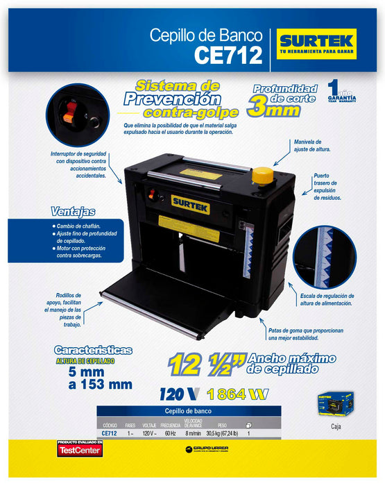 Cepillo estacionario 12" 2-1/2 HP 120 V, 8000 RPM Surtek