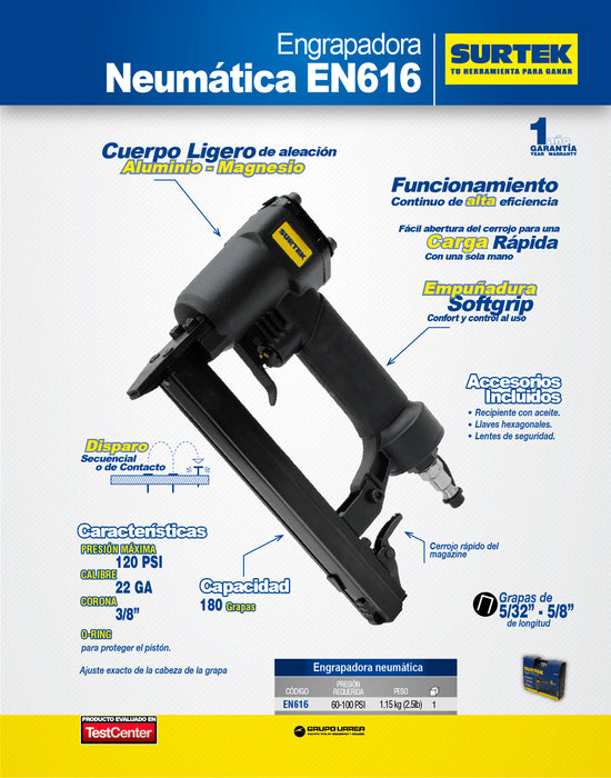 Engrapadora neumática calibre 22GA, corona 3/8 x 5/8", capacidad 5/32"-5/8", 180 grapas Surtek