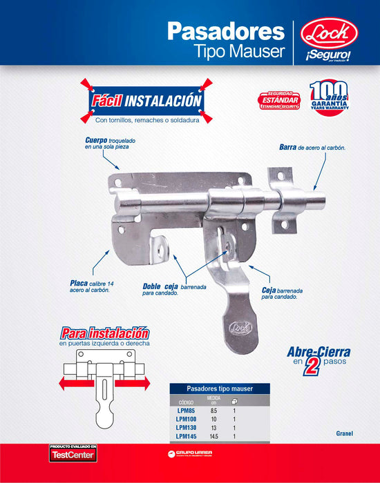 Pasador tipo mouser para puerta, 13 cm Lock