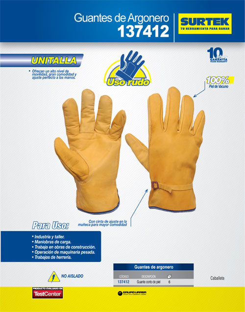 Guantes de piel tipo argonero con cintillo unitalla Surtek