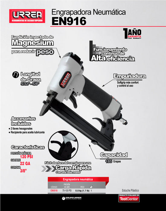 Engrapadora neumática calibre 22, corona 3/8", capacidad 5/32"-5/8", 185 grapas Urrea
