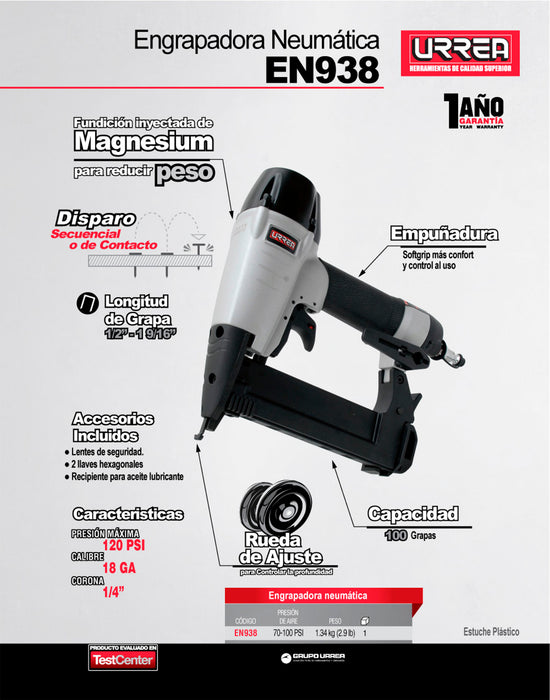 Engrapadora neumática calibre 18, corona 1/2", capacidad 1/2"-1-9/16", 100 grapas Urrea