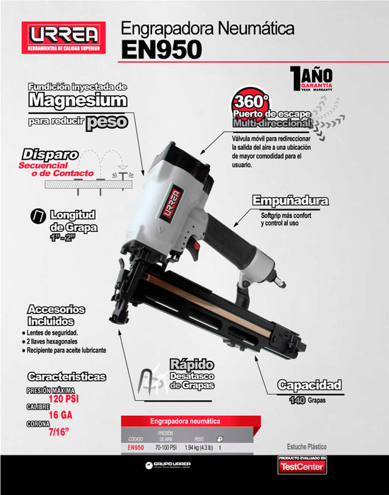 Engrapadora neumática calibre 16, corona 7/16", capacidad 1"-2", 100 grapas Urrea