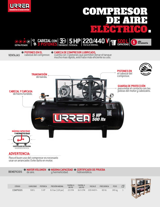 Compresor de aire eléctrico de banda 500L, 5HP, 220V - 440V Urrea