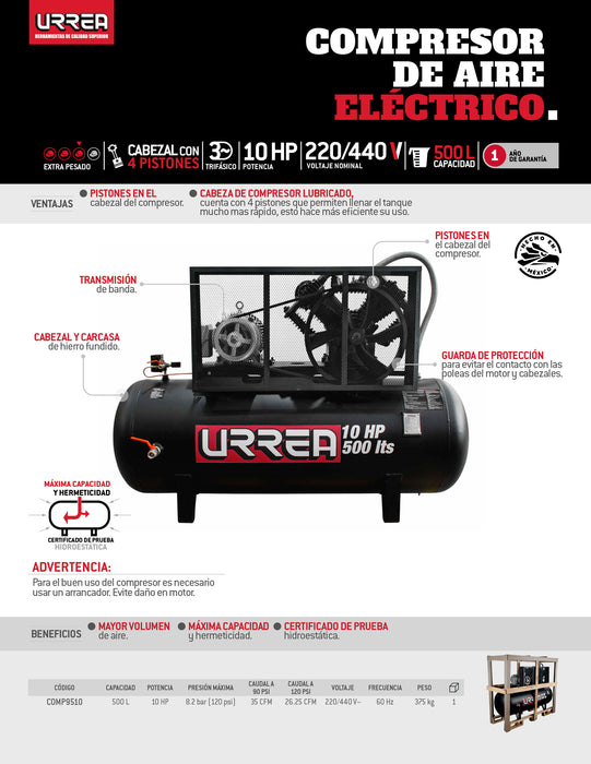 Compresor de aire eléctrico de banda 500L, 10HP, 220V - 440V Urrea